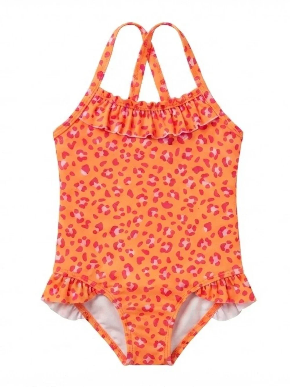 🦦5/$10🦦Wonder Nation Girls Orange Leopard Print One-Piece Swimsuit Ruffle Trim